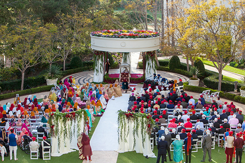 Three women in colorful outfits sitting on a bed of flowers.