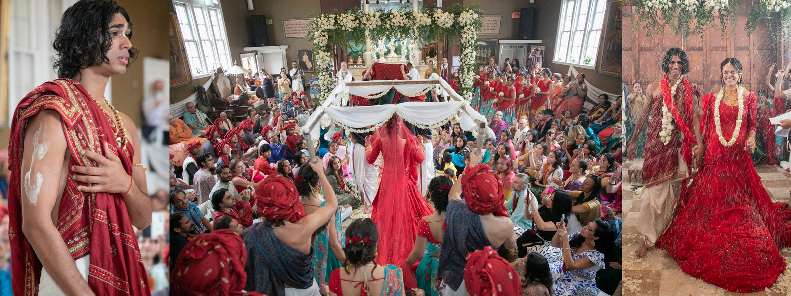 A crowd of people in red and white clothing.